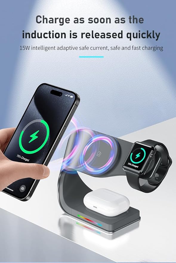 Qi2 Wireless Charger, 3 in 1 Fast Charging Station for iPhone 15/14/13/12, Apple Watch, AirPods, 15W Magnetic Foldable Charging Dock, Portable Wireless Charger Stand for Home, Office, Travel