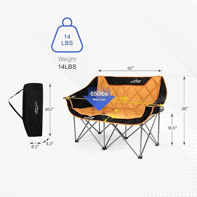 FAIR WIND Oversized Fully Padded Camping Chair Folding Loveseat Camping Couch Double Duo Chair Heavy Duty Quad Fold Arm Chair with Cup Hold - Supports 650 LBS Orange