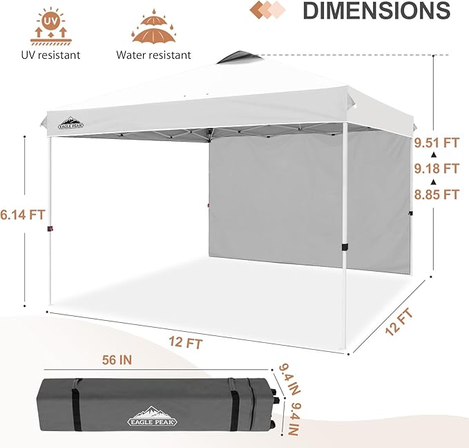 EAGLE PEAK Pop Up Canopy Tent with 1 Sidewall, Easy Setup Event Tent, Outdoor Sun Shade, Wheeled Carry Bag, Stakes and Guy Ropes, Instant Canopy 12x12, White