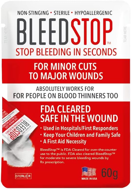 BleedStop™ First Aid Powder for Blood Clotting, Trauma Kit, Blood Thinner Patients, Camping Safety, and Survival Equipment for Moderate to Severe Bleeding Wounds or Nosebleeds - 1 (60g) Pouch