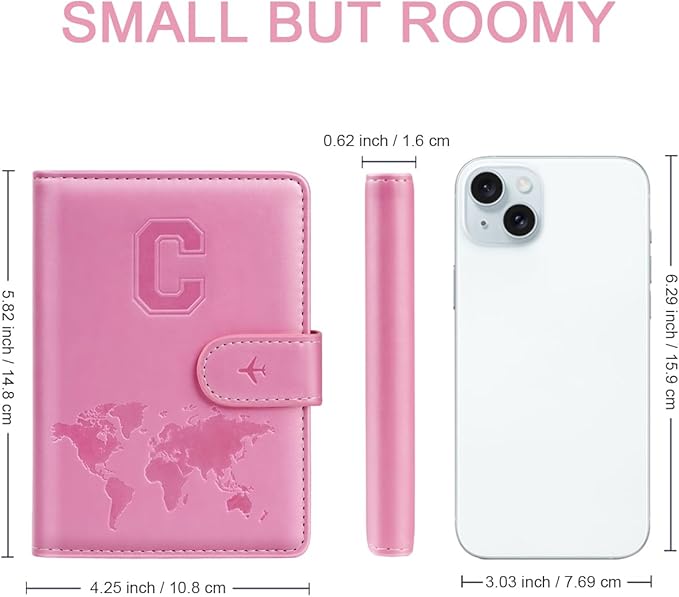Passport Holder Cover Initail Letter A-Z Travel Wallet Embossed Design RFID Blocking Card Holder Personalized Gift Passport Cover Wallet, Passport Book Holders for Women and Girls, Pink-C
