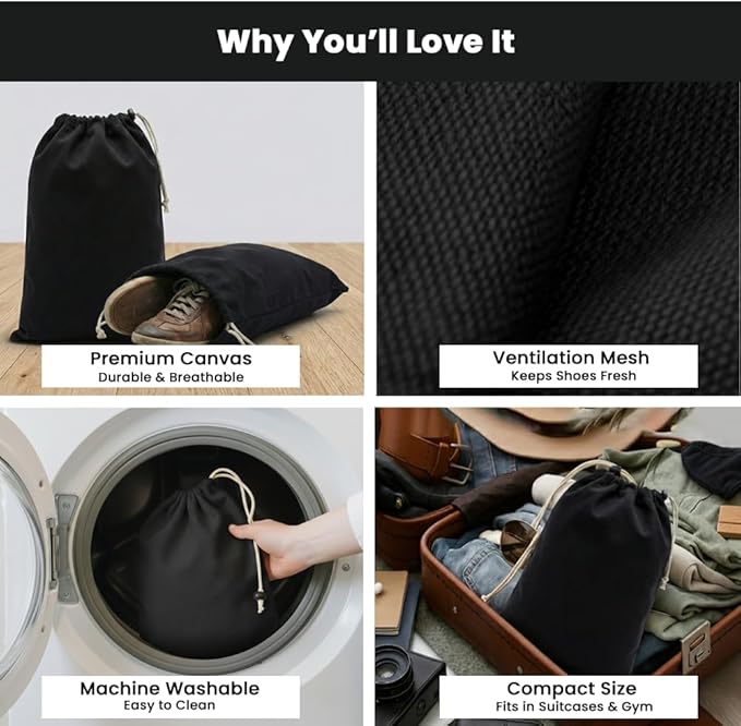 LFH Cotton Rich Shoe Storage Bags with Drawstring, Dustproof Breathable Reusable Organizer, Perfect For Travel, Dorm, Hotel, College, Gym, Machine Washable 8"x17" (Pack of 4) - Black sand