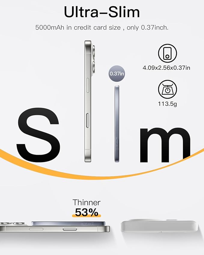 iWALK Magnetic Portable Charger, 5,000mAh Ultra-Slim Power Bank Wireless Charging Battery Pack with LED Power Display, Comfortable Grip Powerbank Compatible with iPhone 17/16/15/14/13 Series, Gray