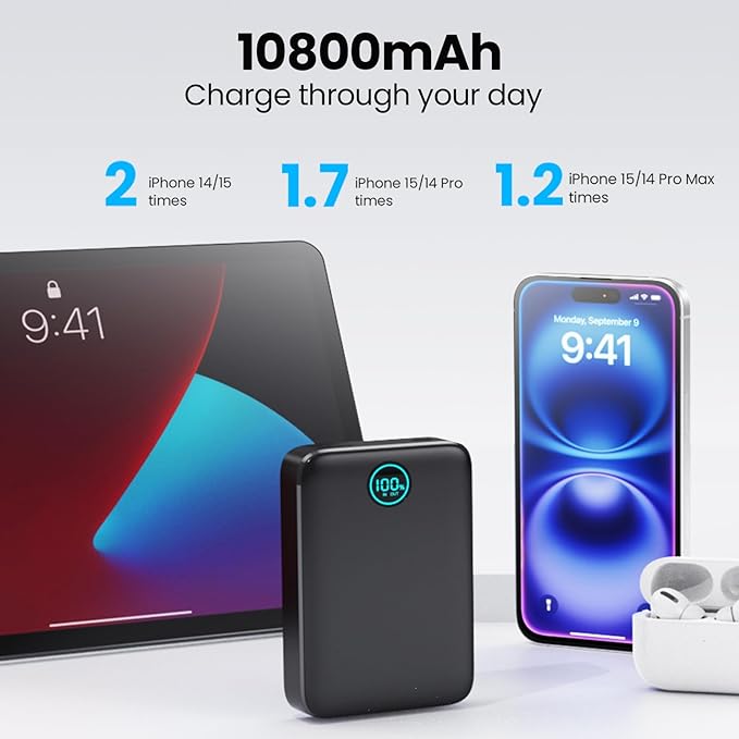 Magnetic Portable Charger 10800mah for Magsafe Battery Pack, Wireless Power Bank with 25W PD Fast Charging & LCD Display, Compatible with iPhone 16/15/14/13/12 Pro/Pro Max/Plus-Black