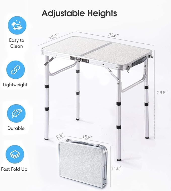 Folding Table Small, 24''L x16''W Camp Aluminum Table with Adjustable Height Legs, Indoor Outdoor Lightweight Portable Folding Aluminum Dining Table for Picnic Camping 2-Feet（10"/19"/27）