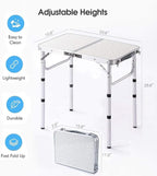 Folding Table Small, 24''L x16''W Camp Aluminum Table with Adjustable Height Legs, Indoor Outdoor Lightweight Portable Folding Aluminum Dining Table for Picnic Camping 2-Feet（10"/19"/27）