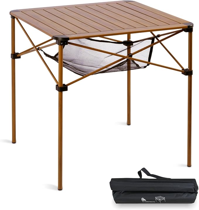 iClimb Lightweight Stable Alu. Folding Square Table Roll Up Top with Carry Bag for Camping Picnic Backyards BBQ Camp Kitchen (Nature, L)