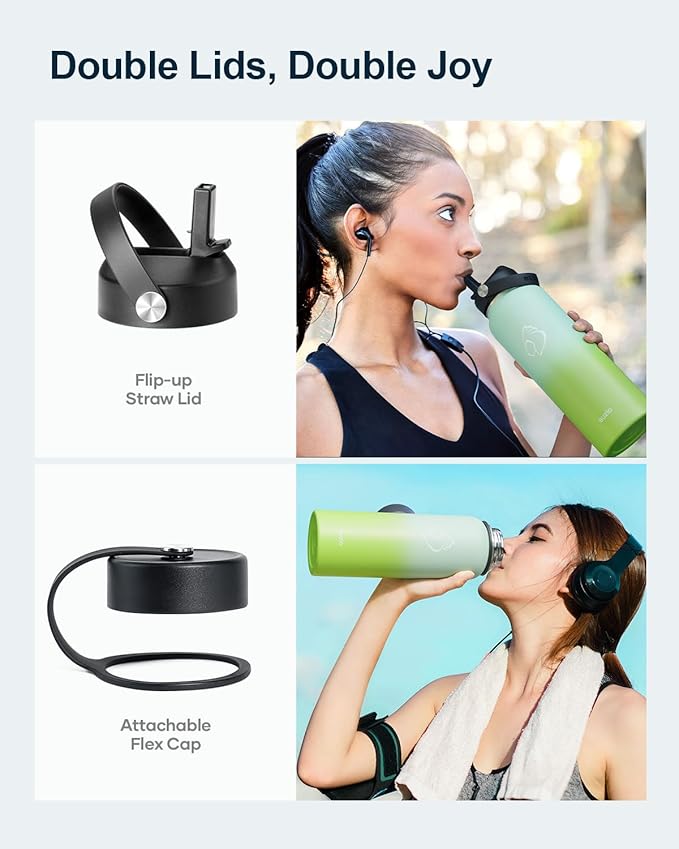 BUZIO 40oz Insulated Water Bottle, Triple Wall Stainless Steel Water Flask with 2 lids, Leakproof BPA-Free Straw Lid Sports Canteen for Sports Hiking, Cold 48H & Hot 24H- Gradient Green