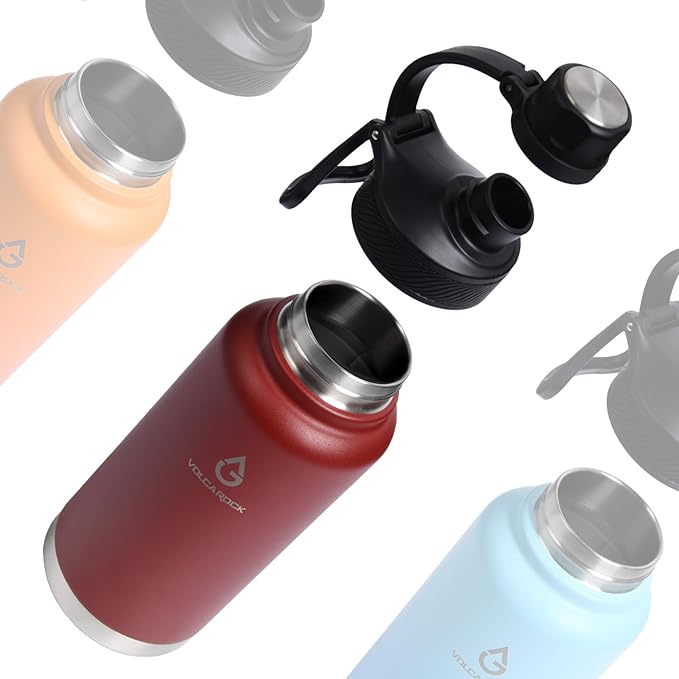 Insulated Sports Water Bottle with Straw Lid Dustproof, 3 Lids, 24/32/40/64 oz Dishwasher Safe & BPA Free Double Wall Stainless Steel Water bottle, Leakproof & Sweat Free -32 Oz Brick Red