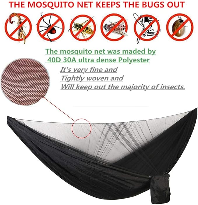 Camping Hammock with Rain Fly Tarp Mosquito Net Heavy Duty Tree Straps Portable Double Parachute Hammocks Tent Waterproof Rainfly Set Black