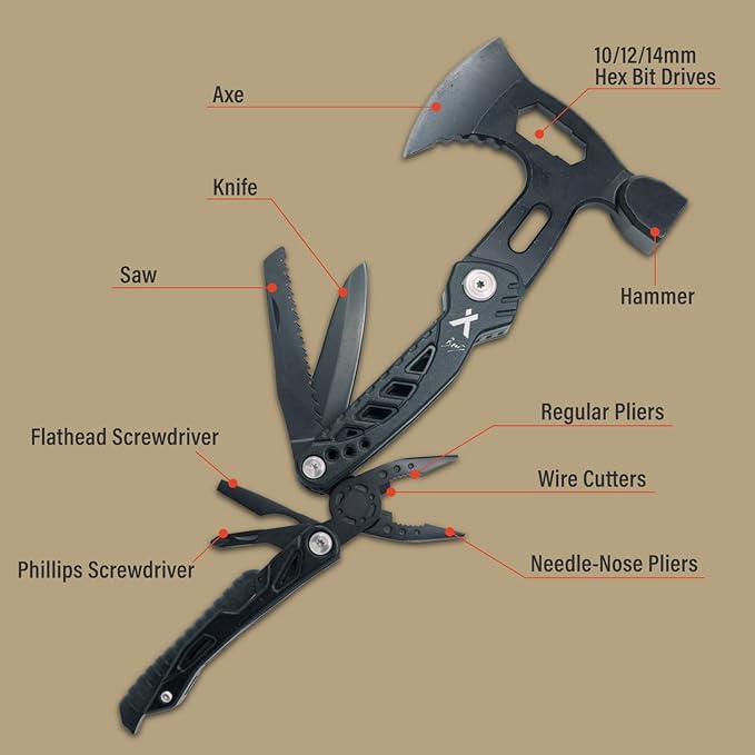 Axe Multitool Hammer - With Knife, Bottle Opener, Hatchet, Nylon Sheath, Saw, Screwdriver, Whistle - Tactical For Camping, Survival, Hiking, Portable and Lightweight - Black