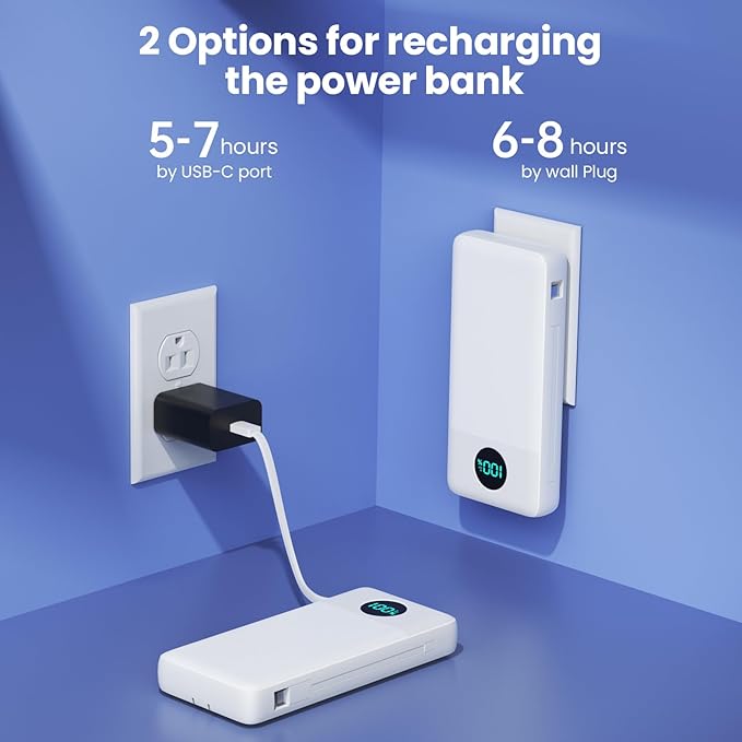 Portable Charger 33800mAh USB C Power Bank with Built-in Cables & AC Wall Plug,25W Fast Charging+QC 4.0 Phone Charger,4 Output LCD Display Battery Pack Compatible with iPhone16/15,Samsung,Android etc