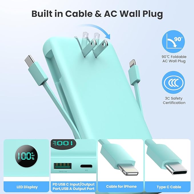 Portable Charger 13800mAh Slim USB C Power Bank with Built in Cables and Wall Plug,LCD Display Lightweight Travel Battery Pack,PD Fast Charging Compatible with iPhone 15,14,Samsung Android-Green