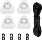 4 Pack Stainless Steel D-Ring Triangle Patch with 2.5m Black Bungee Cord,4Pcs Cord Hooks for PVC Inflatable Boat SUP Kayak Canoe Deck Accessories-White