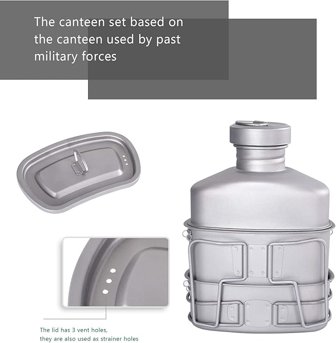 Boundless Voyage Titanium Canteen Mess Kit with Camouflage Bag Large Capacity Kidney-Shaped Camping Pot Pan Set with Lid & Hanging Chain