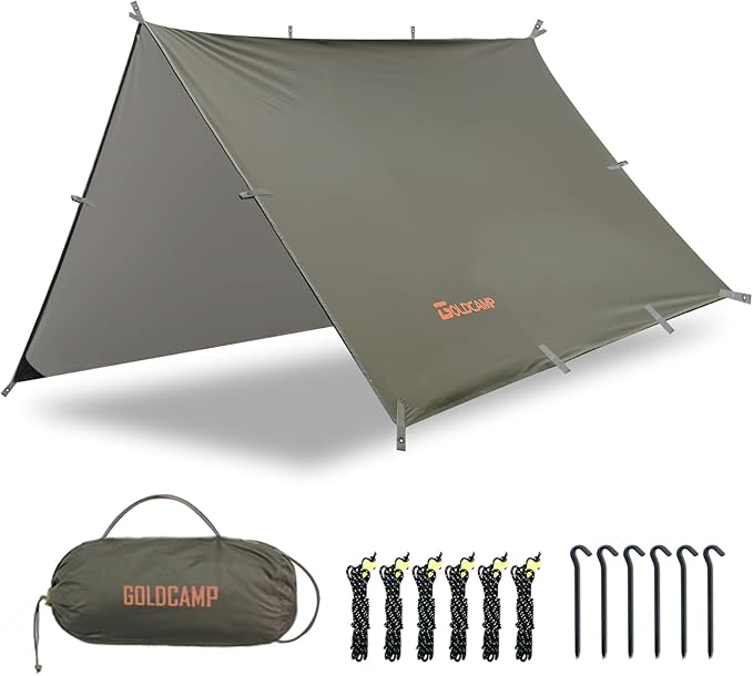 GOLDCAMP Waterproof Camping Tarp，70D Nylon 10X10FT Hammock Rain Fly ，UV 50+ and PU15000mm Tent Tarp Shelter Canopy，Heavy Duty Multifunctional Sun Shade or Rain Fly Essentials for Hiking Backpacking