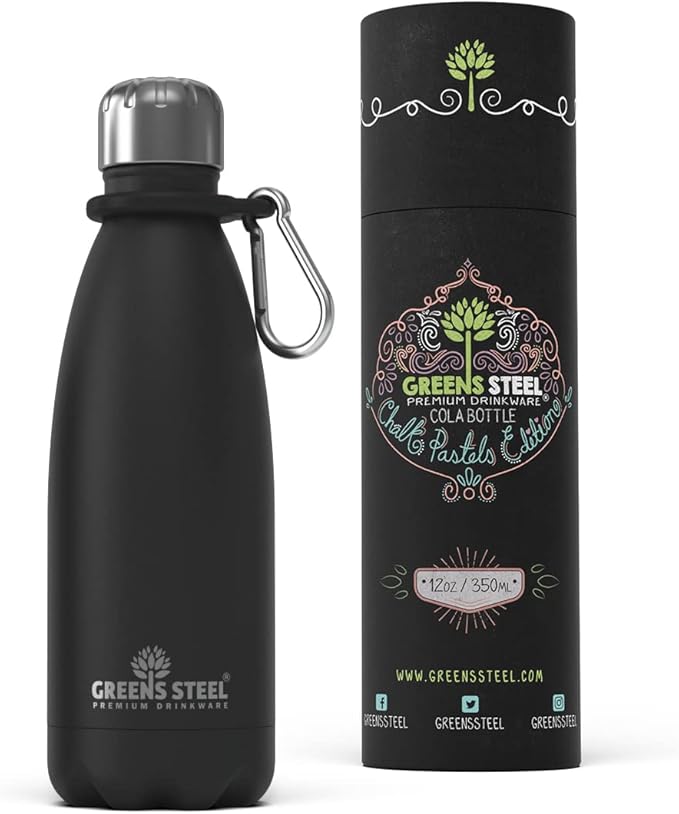 Greens Steel Stainless Steel Water Bottle - 12 oz, Black | Vacuum Insulated Double Wall with Screw Lid/Leak Proof | Thermal Travel Sports Canteen Coffee Flask