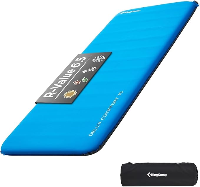 KingCamp Self Inflating Air Mattress, R 6.5 Foam Sleeping Pad for Single Adult 3" Thick Camping Mat Camping Essentials with Perforated Foam Core for Outdoor Tent Cot Car Backpacking (Blue/Charcoal)