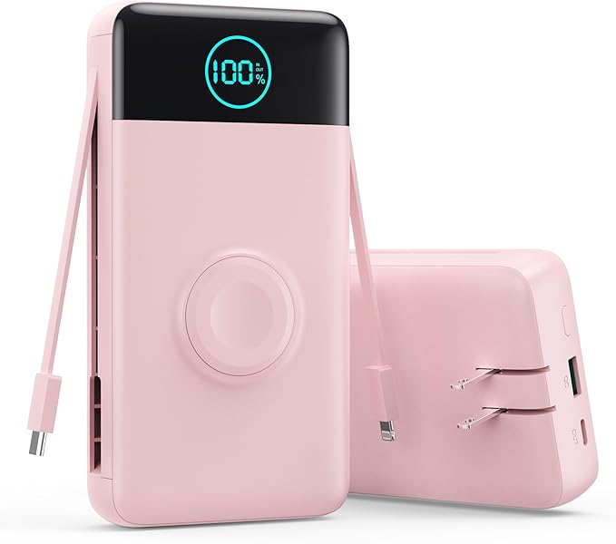 Portable Charger 40800mAh Power Bank with Built-in Cables,Wall Plug and iWatch Charger,6-in-1 QC4.0+25W PD USB C Fast Phone Charging,LCD Display Battery Pack for iPhone 16/15,Apple Watch,Galaxy-Pink
