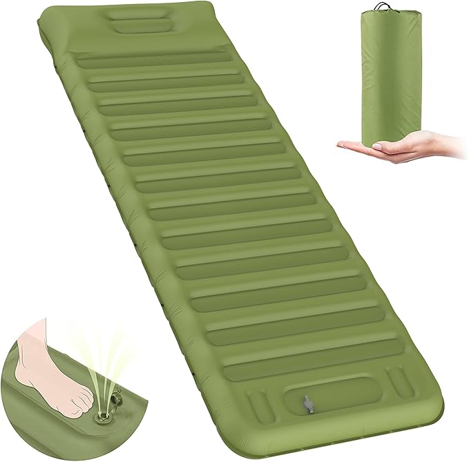 Single Self-Inflating Camping Mattress, with Pillow and Built-in Foot Pump, Comfortable & Portable for Backpacking, Hiking and Camping with Portable Storage Bag