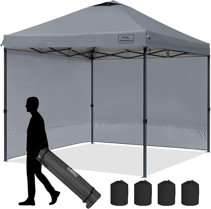 KAMPKEEPER 10x10 Pop Up Canopy Tent with 2 Sidewalls, Beach Tent - Easy Outdoor Sun Shade for Events, Parties, Camping - Gazebo with 4 Weight Bags & Carry Bag.（Grey）