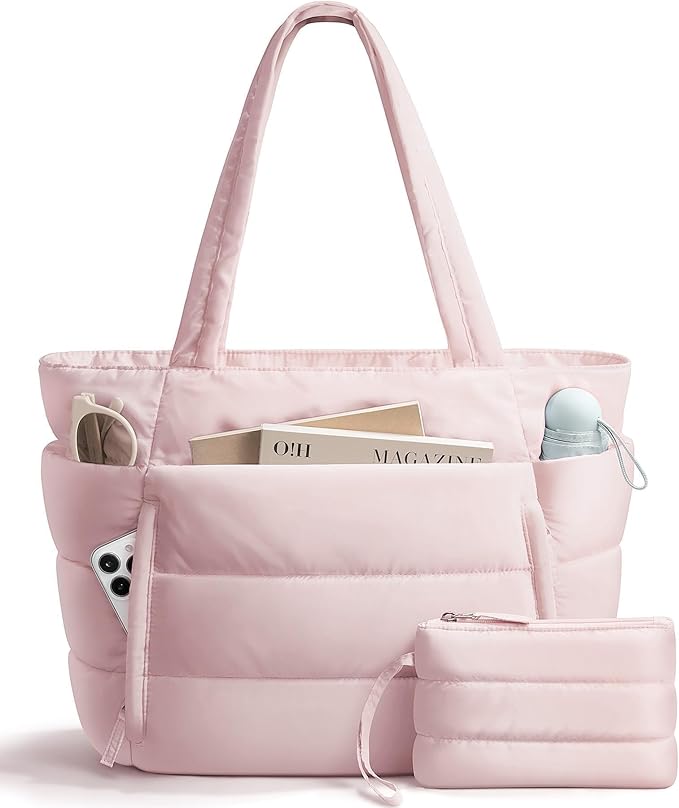 Puffer Tote Bag for Women, Lightweight Puffy Work Handbag Teacher Nurse Quilted Shoulder Bag for School Travel Gym