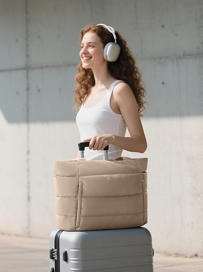 Puffer Tote Bag for Women, Lightweight Puffy Work Handbag Teacher Nurse Quilted Shoulder Bag for School Travel Gym