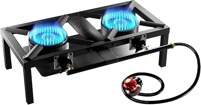 GasOne High Pressure Double Propane Burner - Outdoor Cooking with Heat Shield and Guard – Propane Burner Head for Camping, Tailgating, Seafood Boil, Home Brewing - Patent Pending