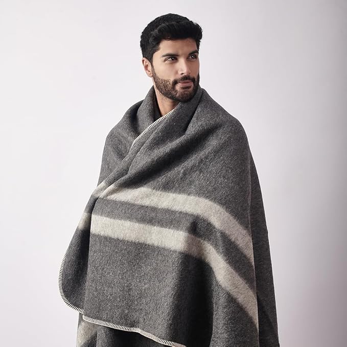 Thick Alpaca Wool Blanket Heavyweight for Camping or Indoors | Soft Peruvian Alpaca Wool Blankets (Dark Gray - Soft Gray Stripes, Travel Size)