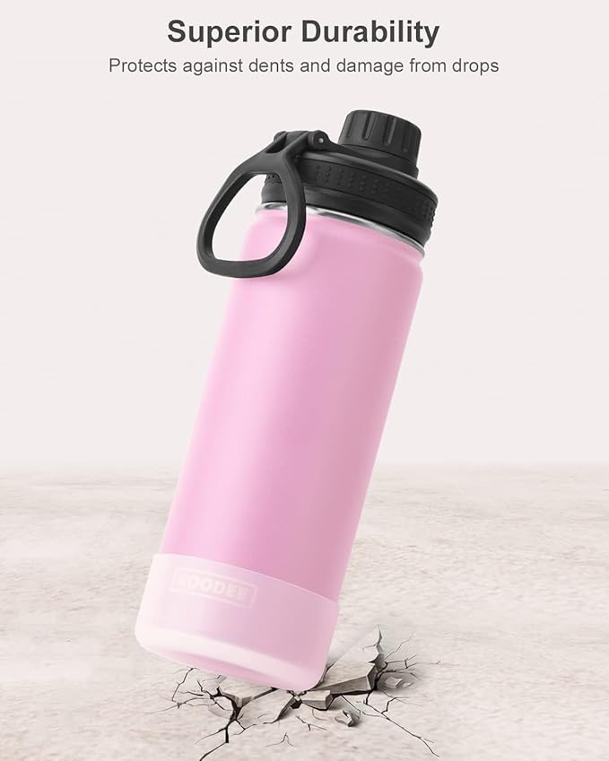 koodee Insulated Water Bottle, 18 oz Stainless Steel Double Wall Vacuum Wide Mouth Sport Bottle with Leakproof Spout Lid (Pink)