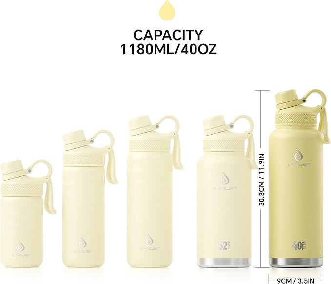 IDEUS Insulated Stainless Steel Water Bottle with 2 Leak-Proof Lids, Thermal Water Flask for Hiking Biking, 40oz, Light Yellow