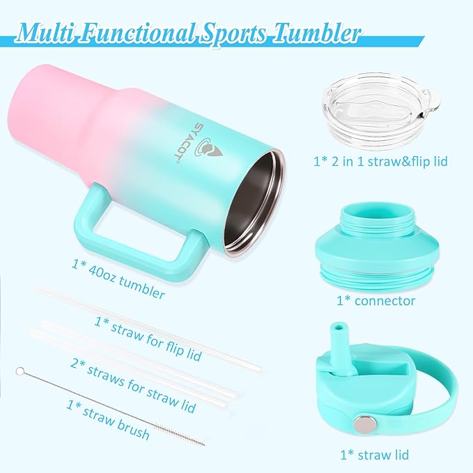 40 oz Tumbler with Handle and Straw or Convert to 40 oz Insulated Water Bottle Fits in Cup Holder. Stainless Steel Metal Water Flask with 2 Lids for Travel,Camping,Gym Sports Coffee Mug Thermal Cup