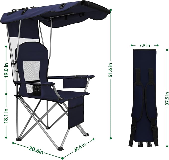 PLKO Camping Chairs with Canopy, Portable Quad Lawn Chair for Adults, Folding Recliner Chair with Cup Holder Outdoor Events and Shade- Support 330 LBS