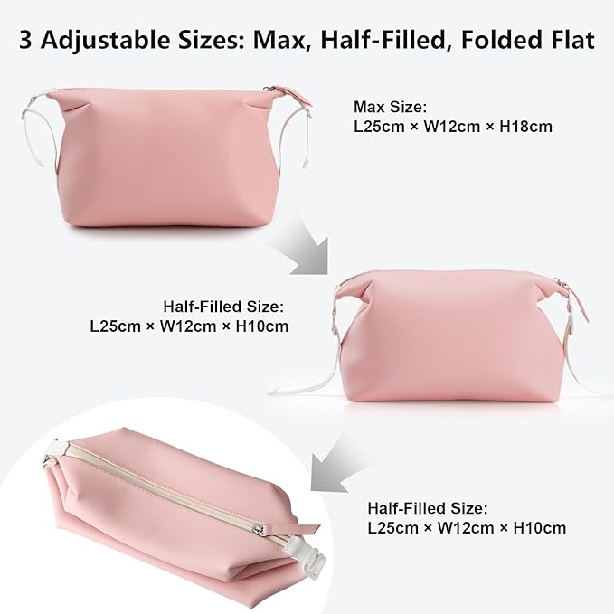 Vomgomfom 3L 6.5 Inch Silicone Toiletry Bag, Waterproof Leakproof Travel Cosmetic Organizer, Adjustable G-Buckle Compression Dopp Kit, Foldable Makeup Bag for Women & Men, Pink