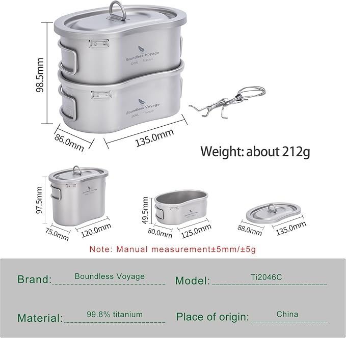 iBasingo Titanium Canteen Mess Kit with Folding Handle Hanging Ring Ultralight Portable for Lunch Outdoor Camping Hiking