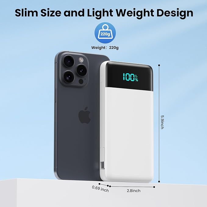 Portable Charger for iPhone with Built in Cables and Wall Plug,Upgraded 13800mAh Fast Charging USB C Power Bank,4 Outputs Travel Essential Battery Pack Compatible with iPhone 15/14/13,Samsung-White