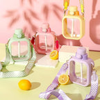 24 Oz Square Transparent Water Bottle, Cute Portable Travel Canteen with Adjustable Strap 700ml (Pink)