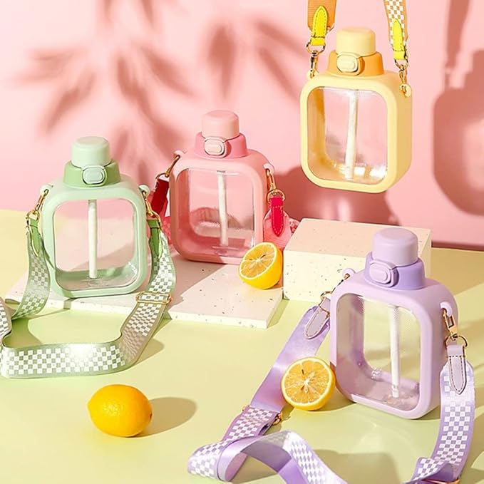 24 Oz Square Transparent Water Bottle, Cute Portable Travel Canteen with Adjustable Strap 700ml (Purple)