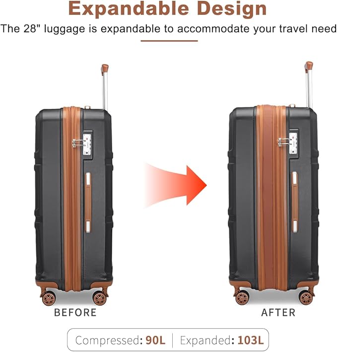 Kono 28 Inch Luggage Expandable Suitcase Lightweight with Spinner Wheels TSA Lock Hardside Large Checked Luggage Durable Rolling Suitcase Apricot Black