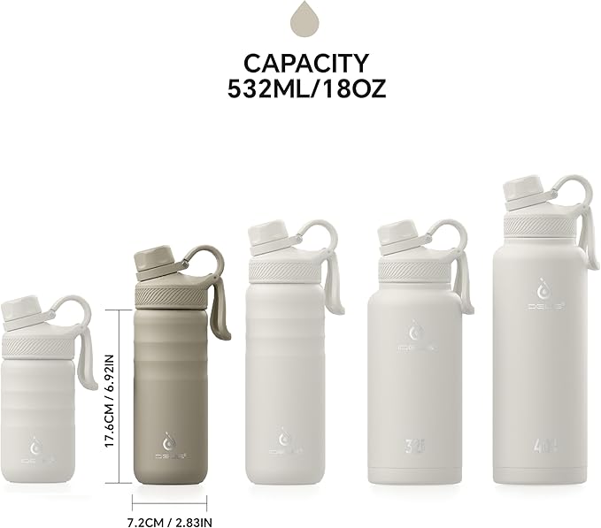 IDEUS Insulated Stainless Steel Water Bottle with 2 Leak-Proof Lids, Thermal Water Flask for Hiking Biking, 18oz, Celadon