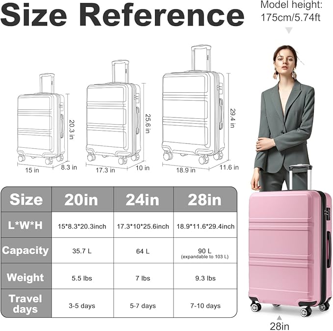 Kono 28 Inch Luggage Expandable Suitcase Lightweight with Spinner Wheels TSA Lock Hardside Large Checked Luggage Durable Rolling Suitcase Pink