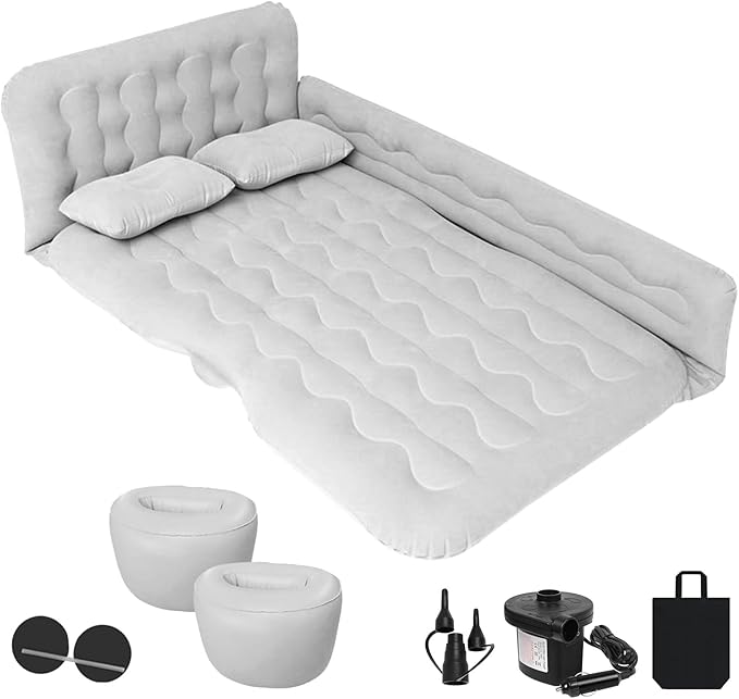 ISWEES Car Bed SUV Air Mattress, Car Air Mattress with Electric Pump, 2 Inflatable Pillows and 2 Footrests for Back Seat, Side Seat,Trunk Sleeping, Thickened Camping Bed - Grey