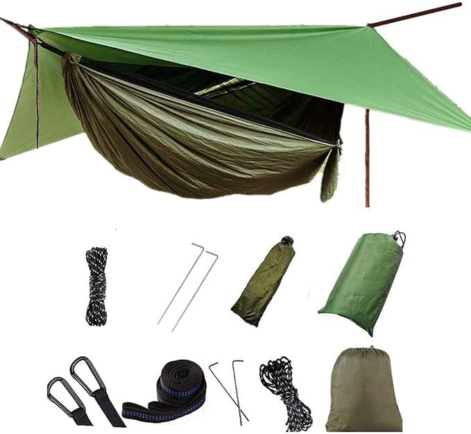 Camping Hammock with Rain Fly Tarp and Mosquito Net with Tree Straps，1/2 Person Portable Hammocks with Rain Cover for Indoor Outdoor Backpacking Hiking Travel Yard Activities Green