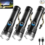 3Pack Rechargeable Flashlights High Lumens, Super Bright Flashlight, 5Modes LED Flashlight Rechargeable, Adjustable Tactical Flashlights High Powered, Flash Lights for Emergency Camping Home