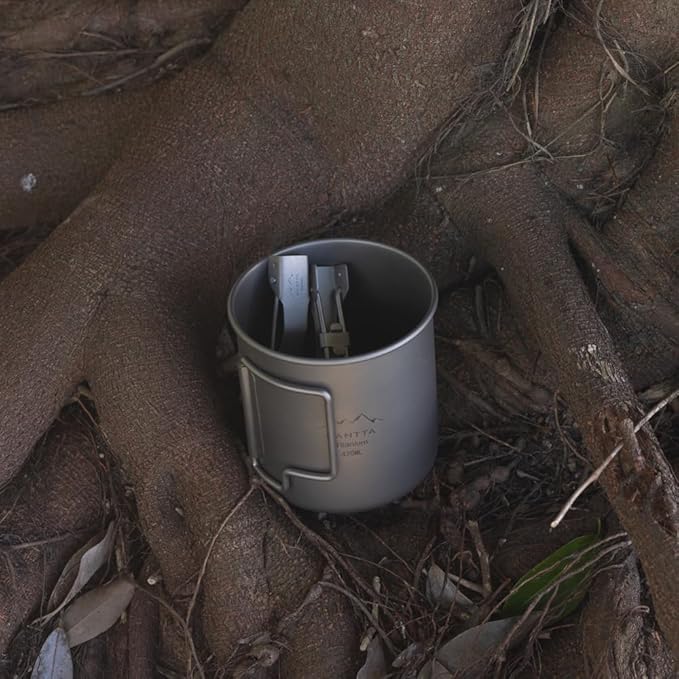 SANTTA Light Weight Titanium Folding Fork Spoon 2 Piece Utensil Set with Carry Bag and Carabiner for Camping, Hiking, Backpacking and Travelling