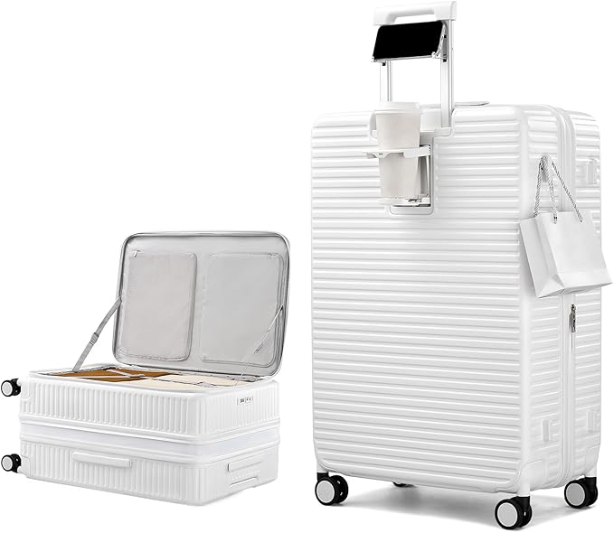 Hard Shell Suitcases 28 Inch Large Checked Luggage with Spinner Wheels Cup Holder, Expandable Check in Luggage Lightweight Top Opening Luggage Big Rolling Suitcase with Lock, White