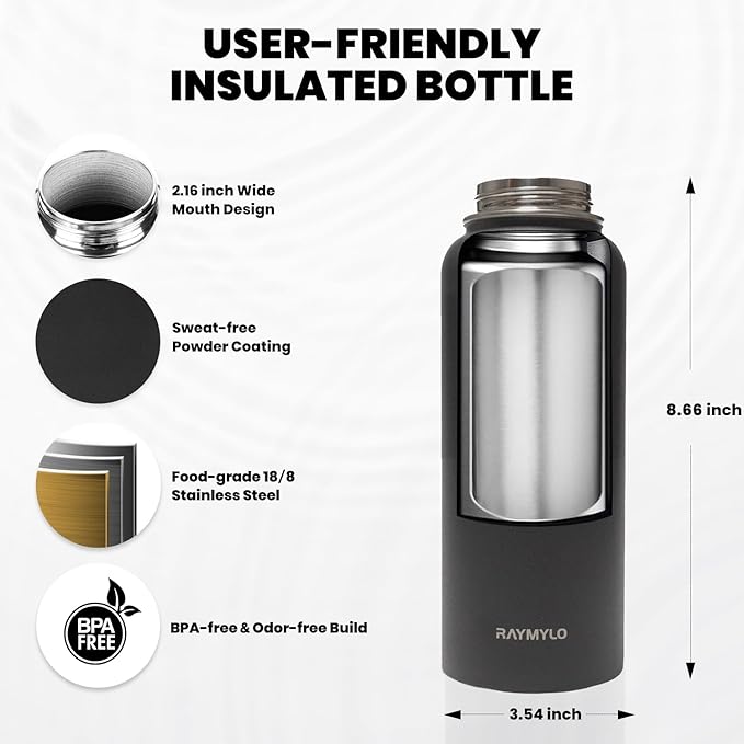 Insulated Water Bottle 32 oz, Triple Wall Vacuum Stainless Steel (Cold for 48 Hrs), Leak Proof & Non-BPA, Modern Water Flask Jug with Paracord Handle & Straw Spout Lids, Magic Black