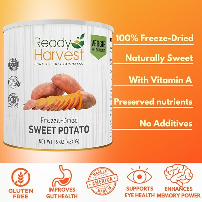 Ready Harvest Freeze Dried Food - Sweet Potatoes | Emergency Food | Pantry Staples | #10 Can | 25-Year Shelf Life | Cans Filled to the Top