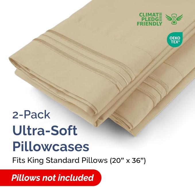 King Standard Pillow Cases Set of 2 - Soft Hotel Quality Pillowcase Covers - Comfy Bedding for Women, Men, Kids & Teens - Machine Washable Pillow Protectors - 2 Piece Set - King Standard Size Beige