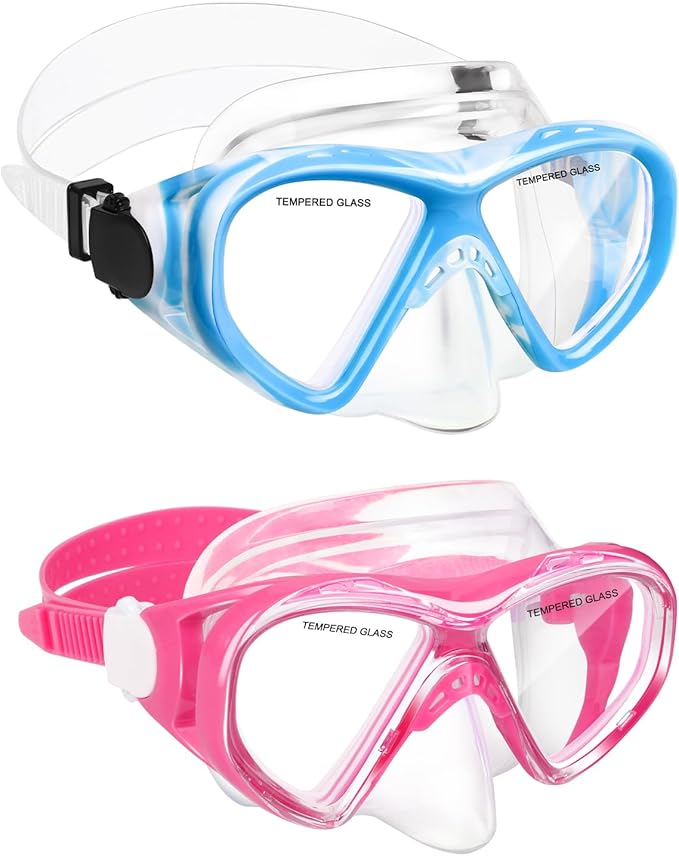 Kids Swim Goggles Snorkel Diving Mask for Boys Girls Ages 5-15, Two-Color Anti-Fog Swimming Goggles with Nose Cover